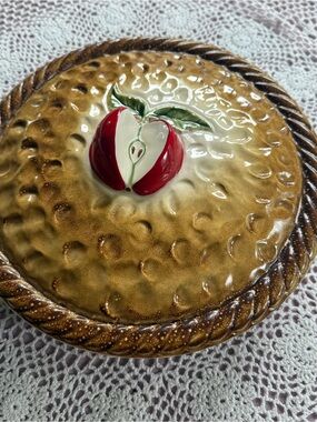 Vintage Apple Pie Baker With Lid Rustic Brown Stoneware Covered Dish Cottagecore